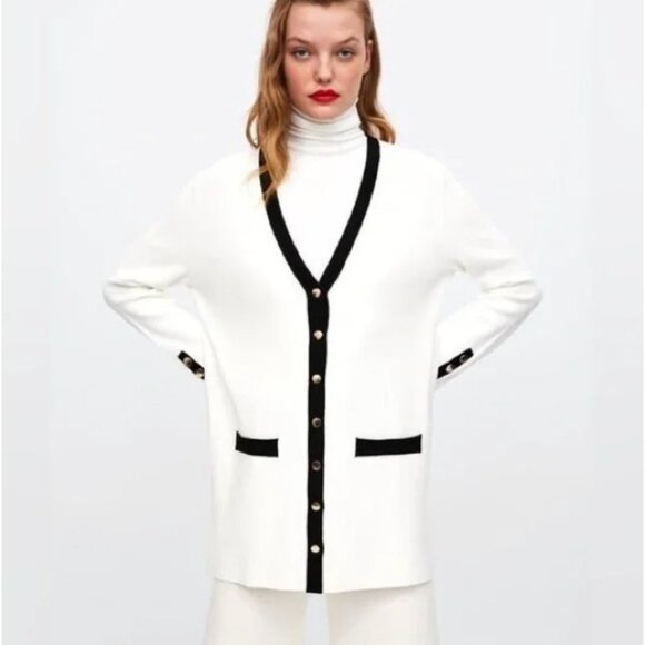 Zara Knit Cardigan Dress White Black Trim Gold Buttons Quiet Luxury Small - Picture 1 of 16
